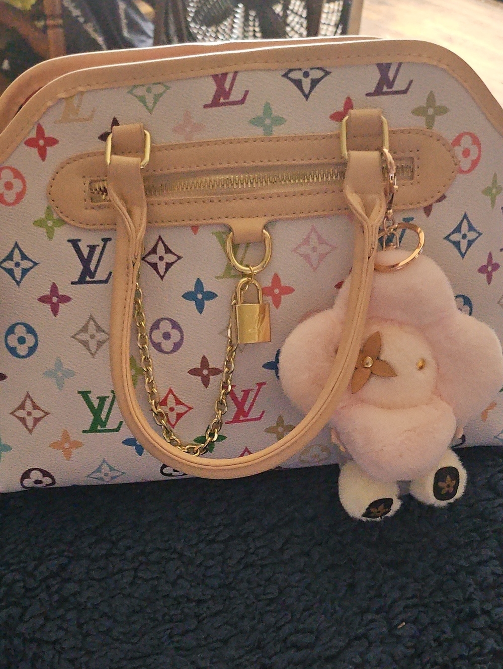 Unbranded Lv White Multicolor Monogram Alma Satchel with Pink Charm